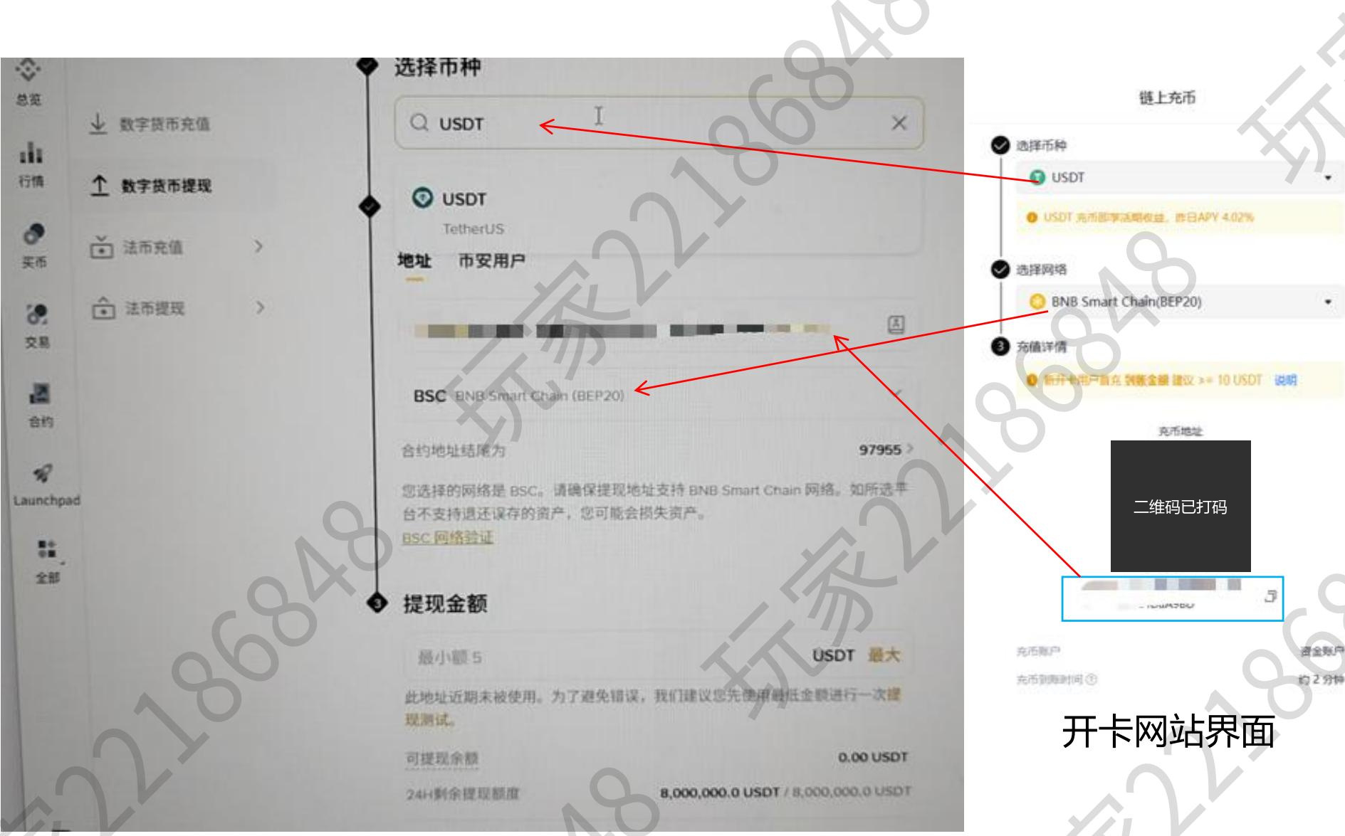 币安提现页与 Roogoo 链上充币页对照：USDT、BSC 网络、地址一致